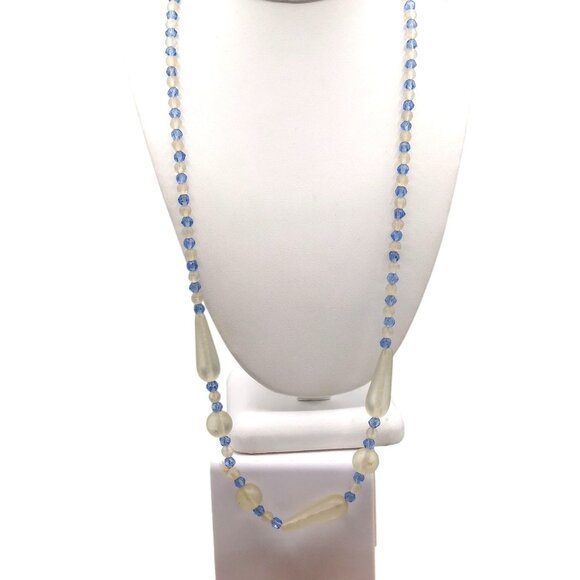 Antique Czech Glass Frosted Beads, Long Beaded Strand Flapper Necklace, Clear - Picture 1 of 4